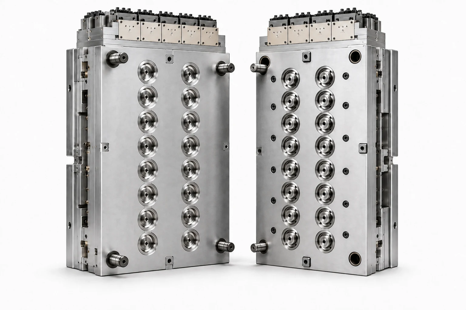 Illustrative upright closure mould halves, each with two columns of eight cavities and heater modules on top