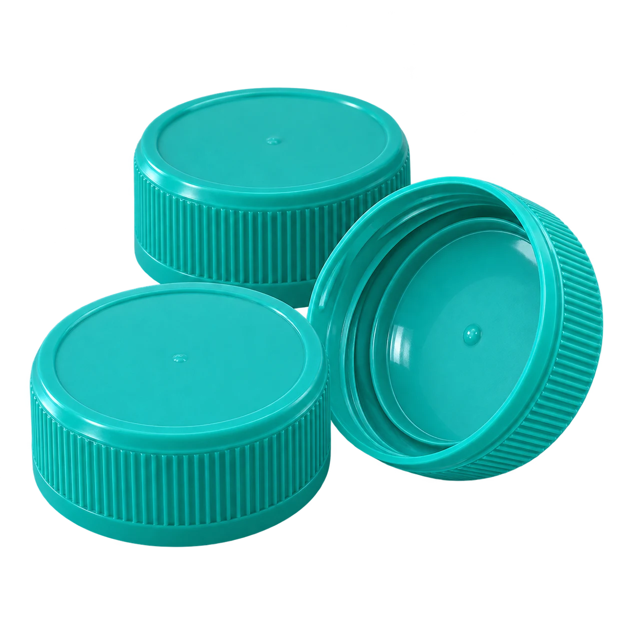 Turquoise jar closures showing ribbed exterior and internal sealing features