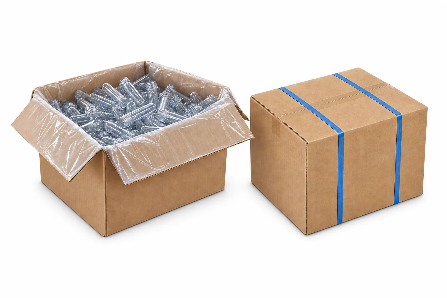 Open poly-lined carton of preforms beside a closed and strapped carton